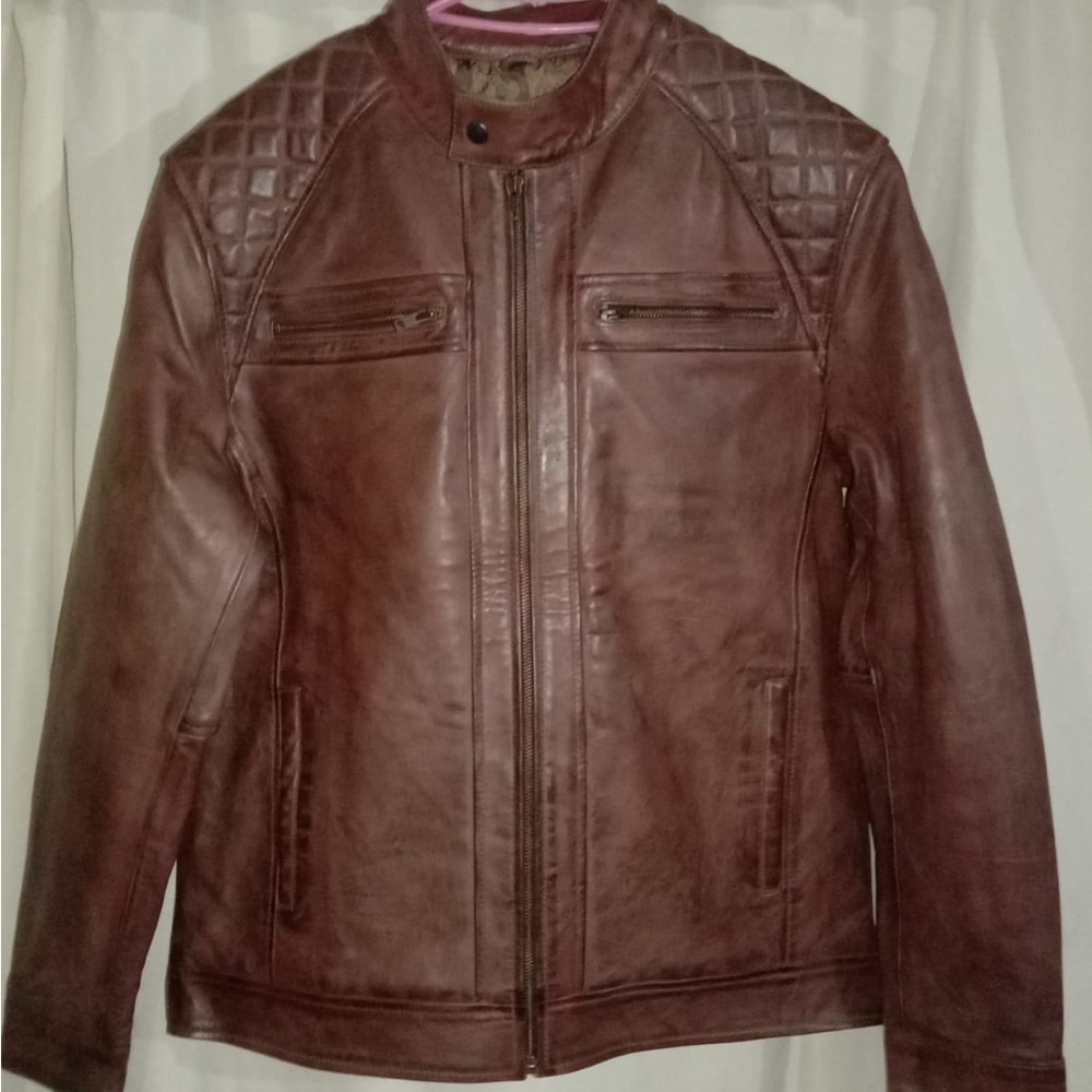 Men's Waxed real sheep leather biker jackets Brown 0.7mm Thickness Size 2XL